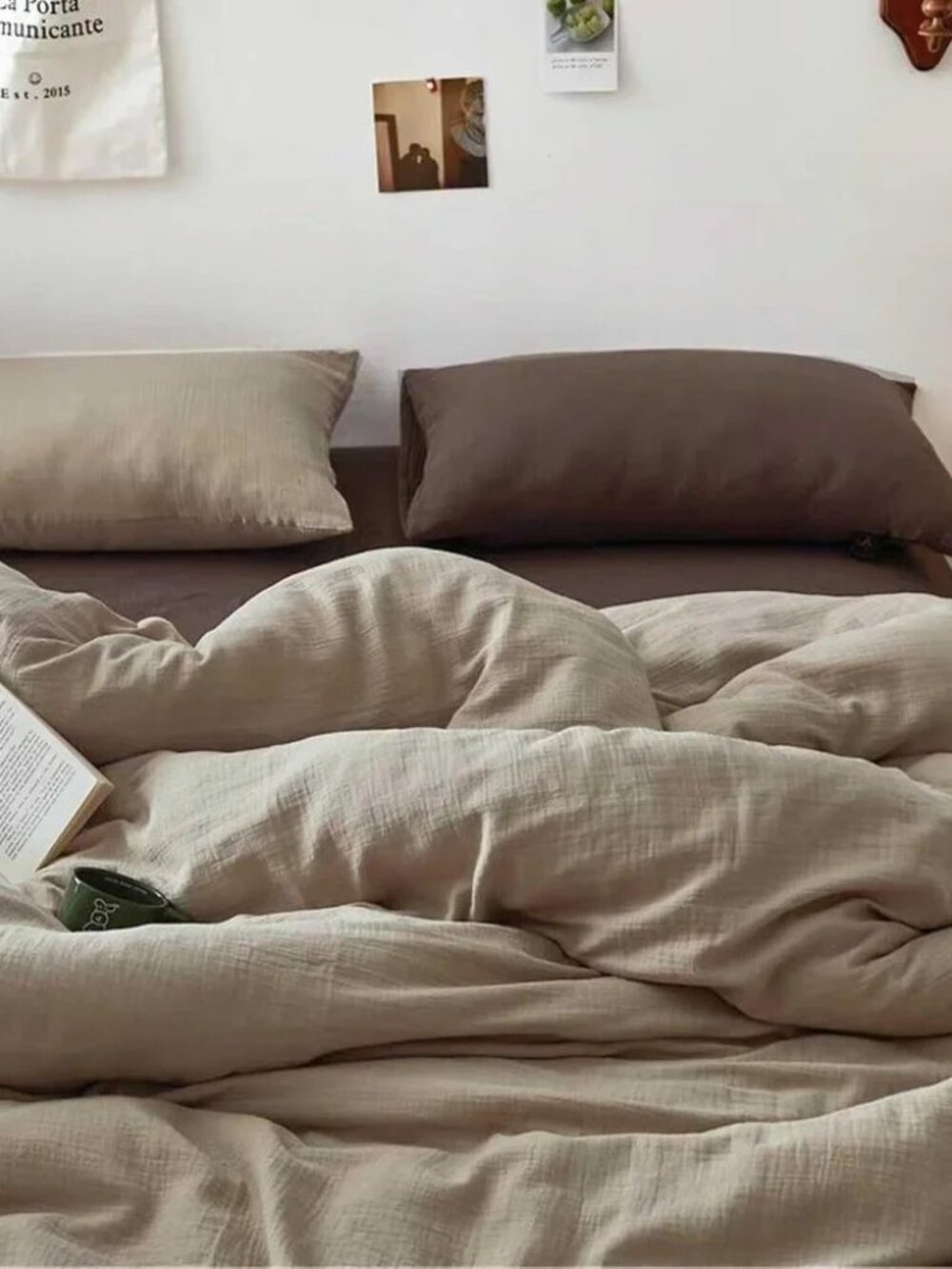 100% Cotton Double Layered Gauze Khaki Duvet Cover Set. Queen Size.